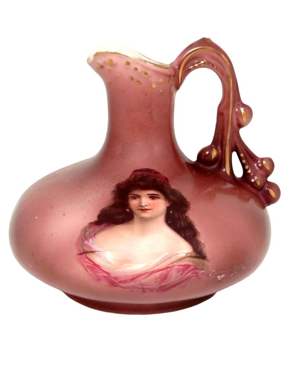 Antique Victorian 1890s Austria Enamel Portrait of Woman Mini Pitcher Vase